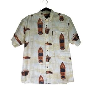 North River Boat Print‎ Button Down Shirt Mens Casual Short Sleeve - Size Medium